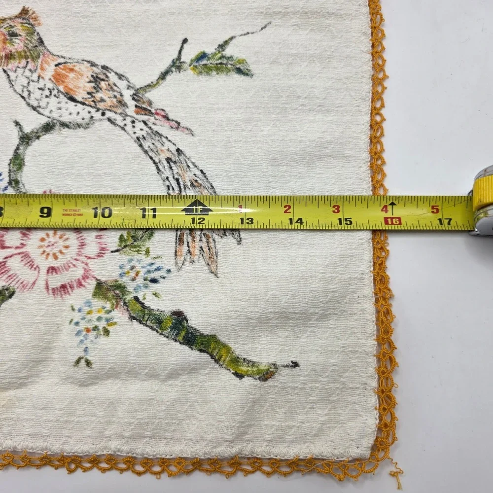 Handmade Dresser Scarf Runner White Hand Painted Bird Floral Lace Vintage‎ Decor